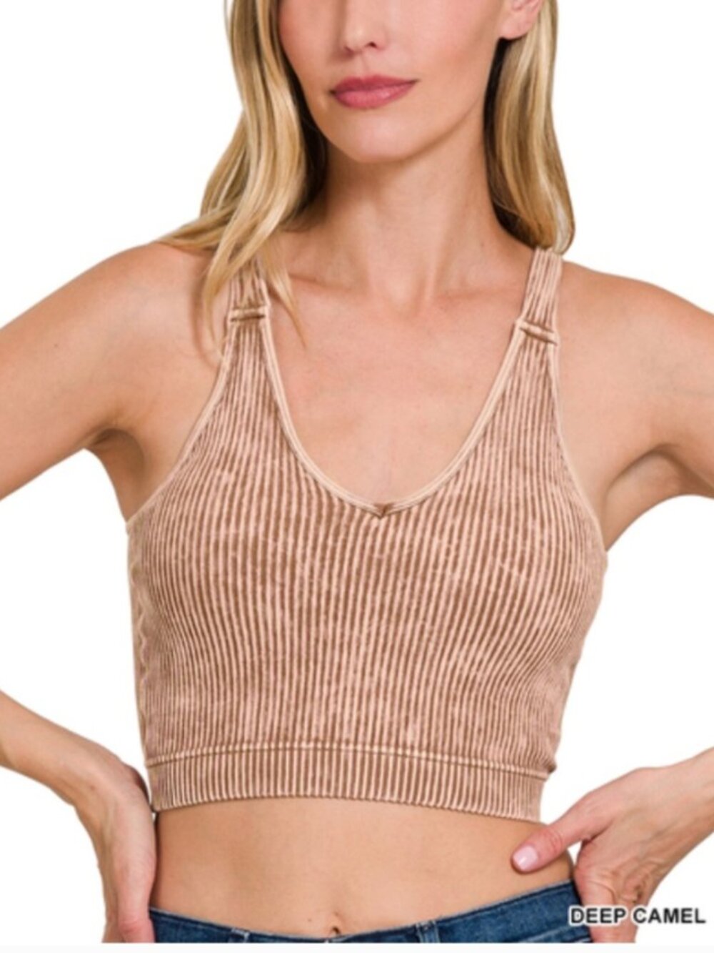 ZENANA WASHED RIBBED CROPPEDSEAMLESS BRA PADDEDTANK TOP S/M